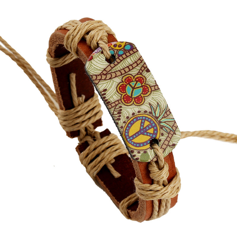 Pulsera de cuero trenzado con logo de paz