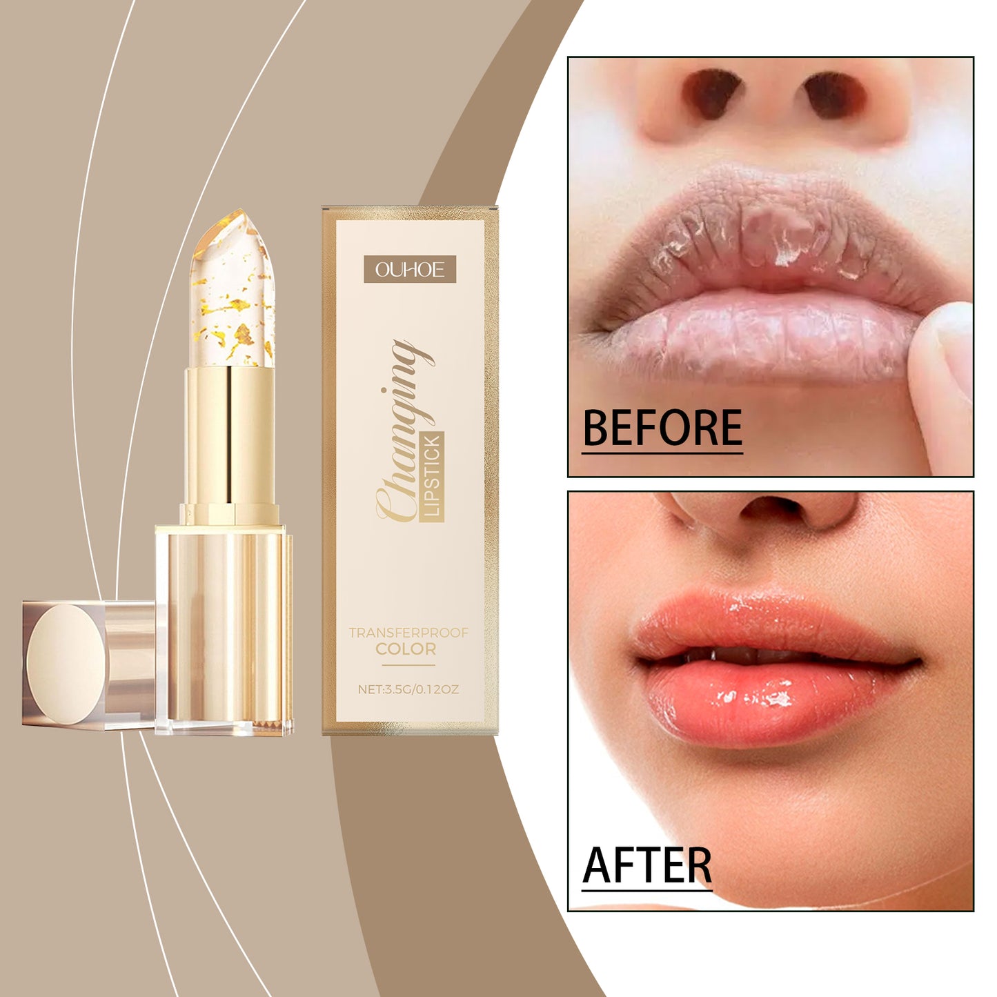 Labial nutritivo con láminas de oro y efecto color cambiante