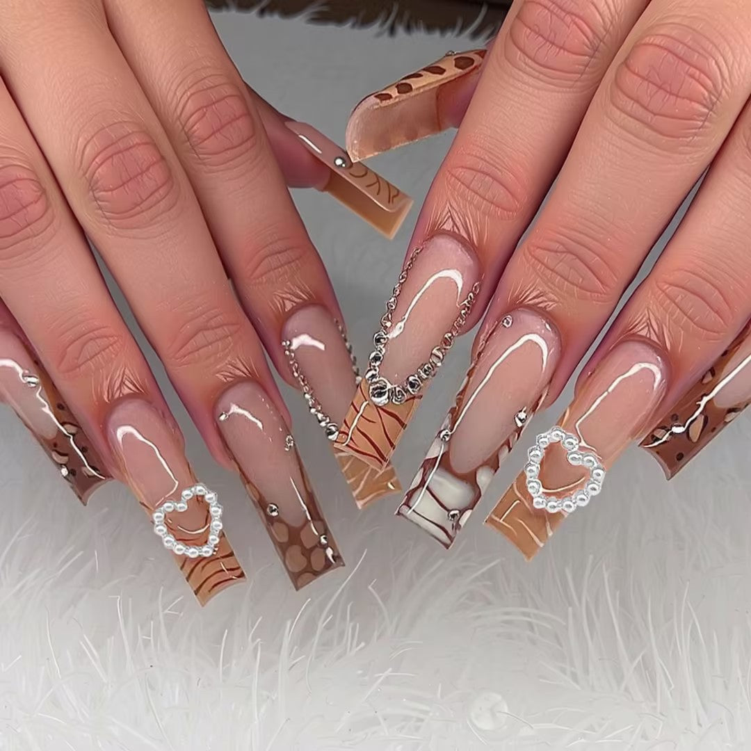 Uñas Postizas Francesas con Estampado de Cocodrilo