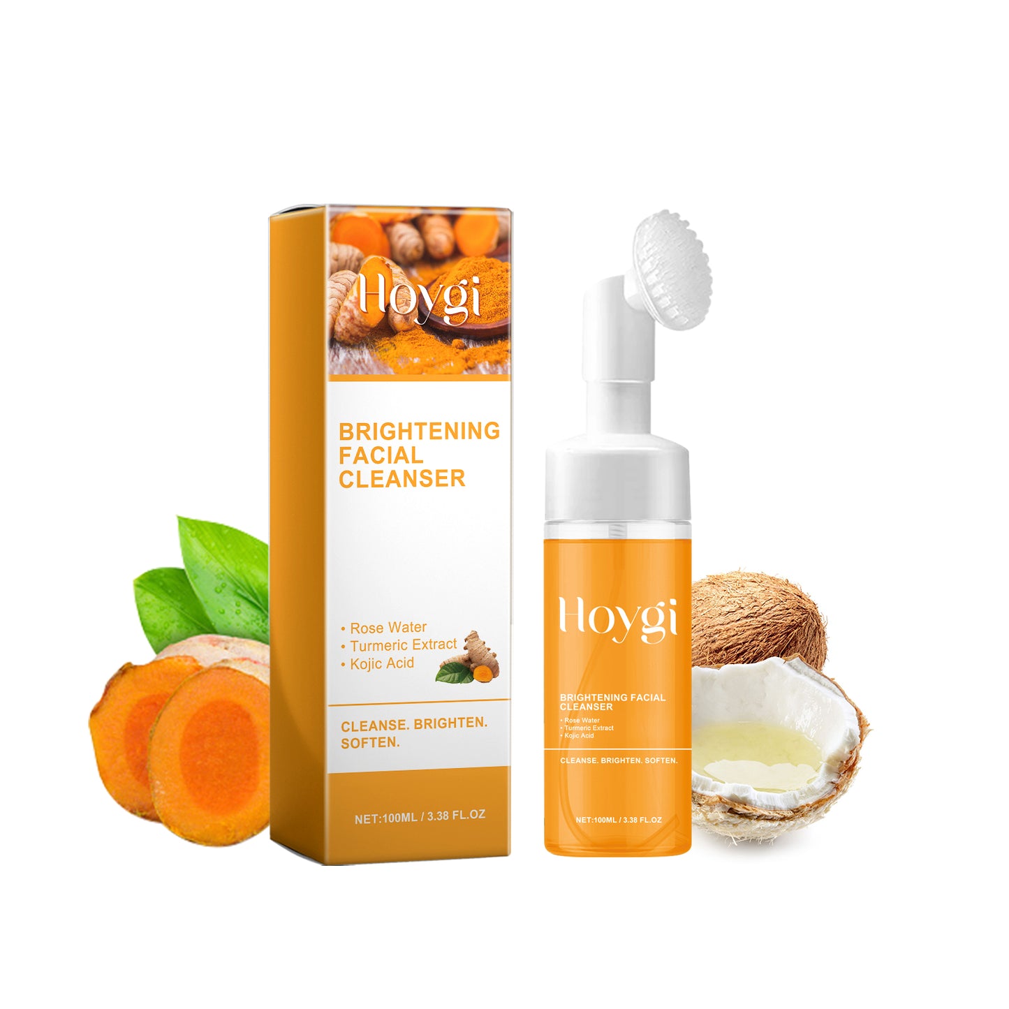 Hoygi Turmeric Brightening Facial Cleanser With Built-In Silicone Massage Brush, Deep Clean Fade Acne Marks Moisturizing Face Wash